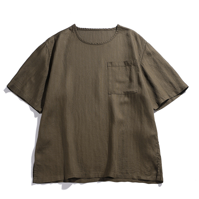 Solid Color Patch Pocket Loose Round Neck Short Sleeve Men's T-Shirt
