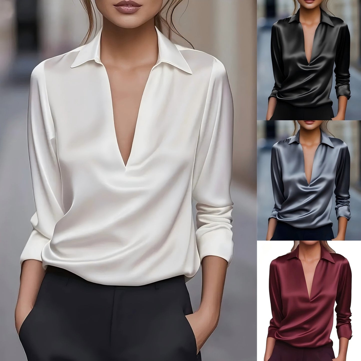 Minimalist V-neck shirt with long sleeves for women
