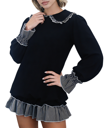 Women's fashionable black and white striped color-blocked dress with Peter Pan collar and open back