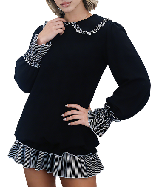 Women's fashionable black and white striped color-blocked dress with Peter Pan collar and open back