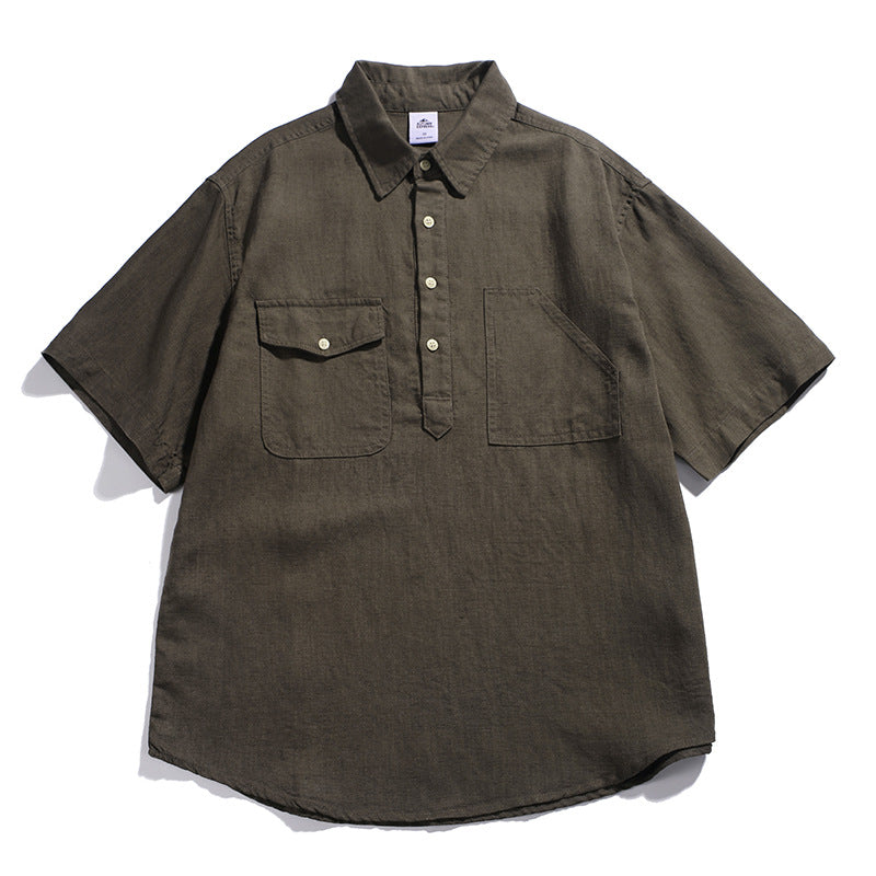 Retro Workwear Polo Shirt  Multi-Pocket Loose Fit Casual Short Sleeve Shirt