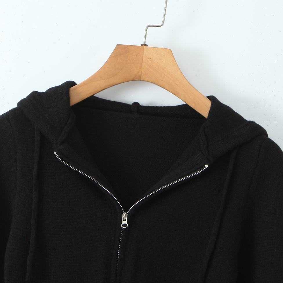 Elastic slim fit drawstring hooded zipper top