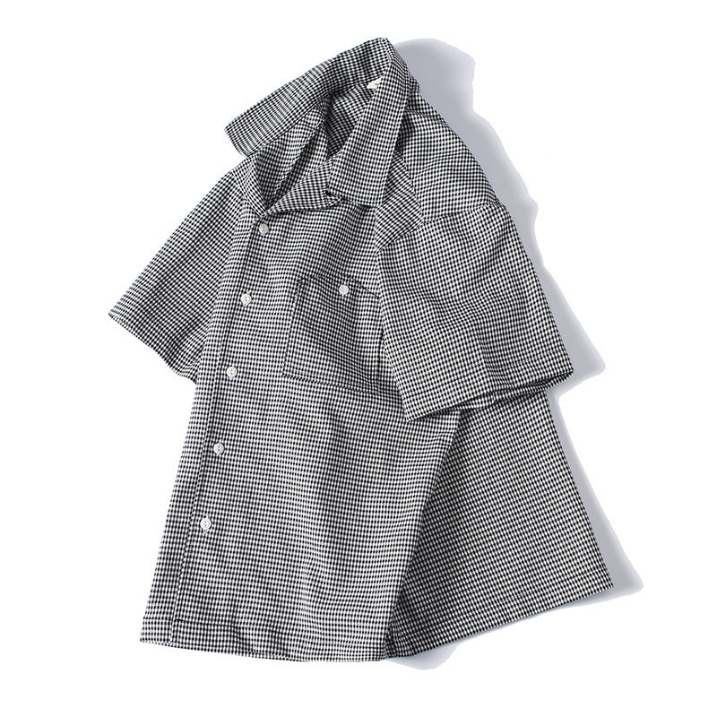 Houndstooth Pattern Short Sleeve Cuban Collar Drapey Casual Shirt