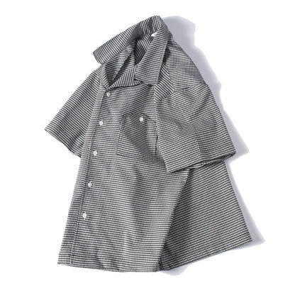 Houndstooth Pattern Short Sleeve Cuban Collar Drapey Casual Shirt