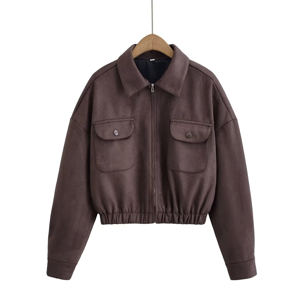 Flip collar pocket hem loose suede jacket