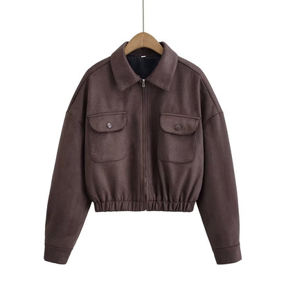 Flip collar pocket hem loose suede jacket