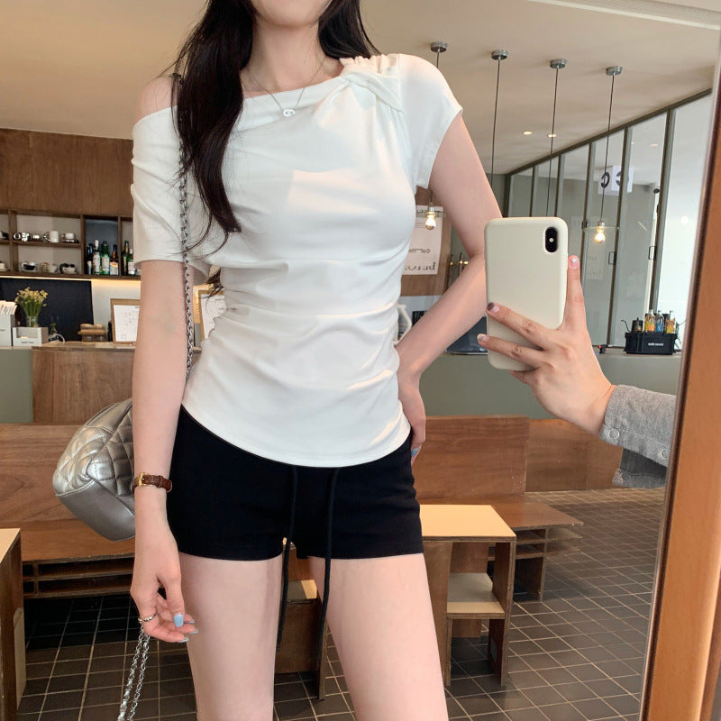 Off-Shoulder Sleeveless Fitted T-Shirt with Ruched Waist and Short Sleeves