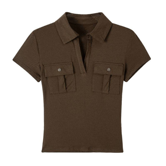 Pocket Button Design Polo Neck Short Sleeve T-Shirt Slim Fit Top