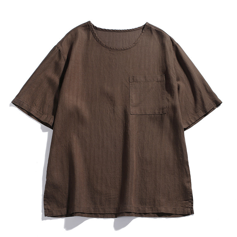 Solid Color Patch Pocket Loose Round Neck Short Sleeve Men's T-Shirt