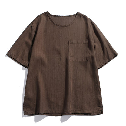 Solid Color Patch Pocket Loose Round Neck Short Sleeve Men's T-Shirt
