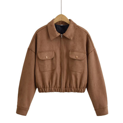 Flip collar pocket hem loose suede jacket