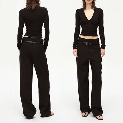 V-Neck Split Bodysuit Top, Elegant Fitted Stretch Slimming Waist T-Shirt for Women
