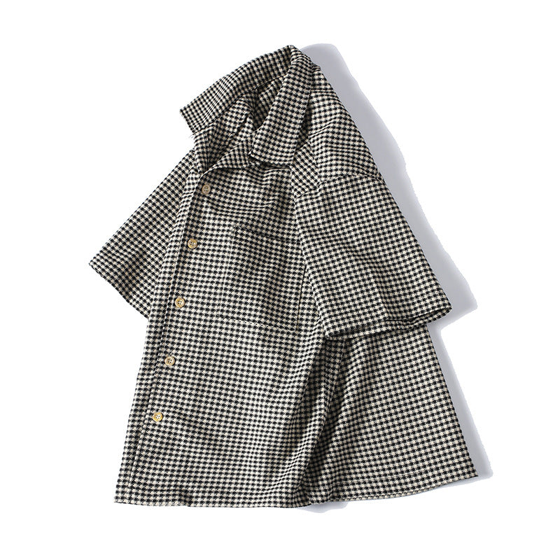 Loose Fit Men's Short Sleeve Shirt with Houndstooth Pattern and Cuban Collar