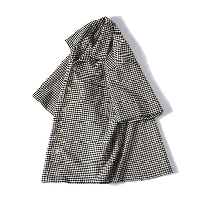 Loose Fit Men's Short Sleeve Shirt with Houndstooth Pattern and Cuban Collar