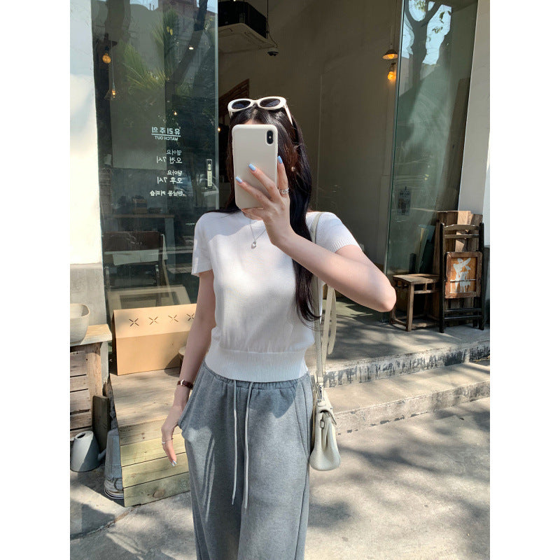 Chic and Elegant Round Neck Fitted Short Sleeve Knit Top
