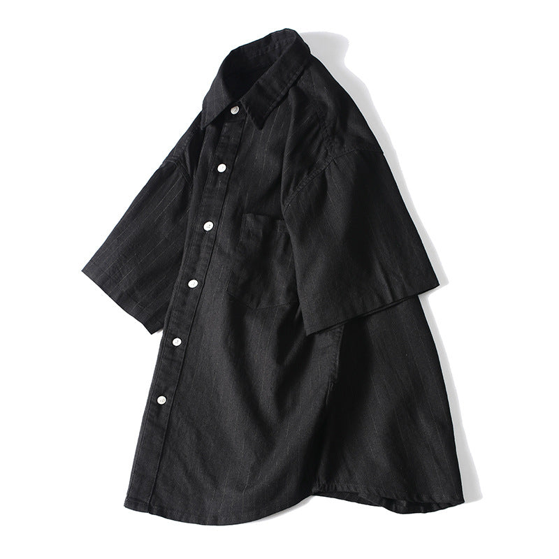 Men's Wide-Fit Short-Sleeve Striped Shirt with Lapel Collar