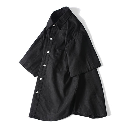Men's Wide-Fit Short-Sleeve Striped Shirt with Lapel Collar