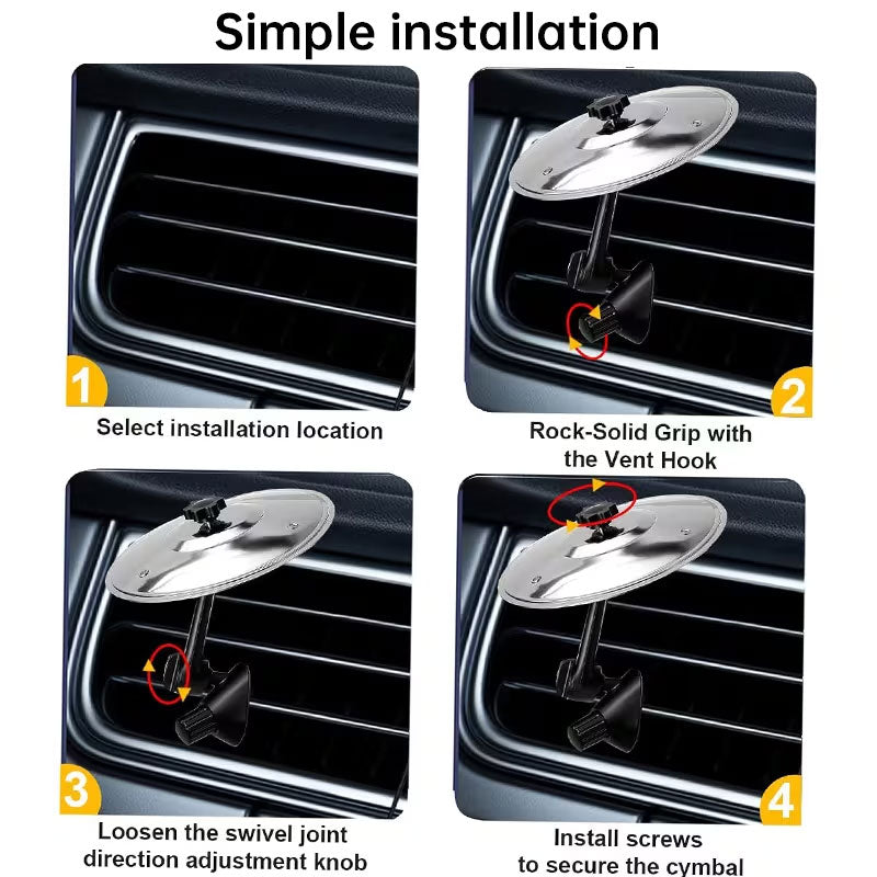 Clamp-On Mini Vent Air Percussion Alloy Disc Wind Chimes - Easy Install Car Crash Drum with Decorative Design