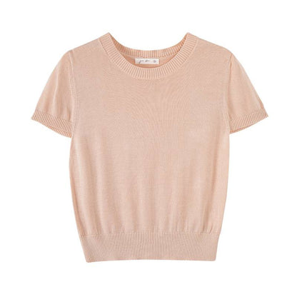 Chic and Elegant Round Neck Fitted Short Sleeve Knit Top