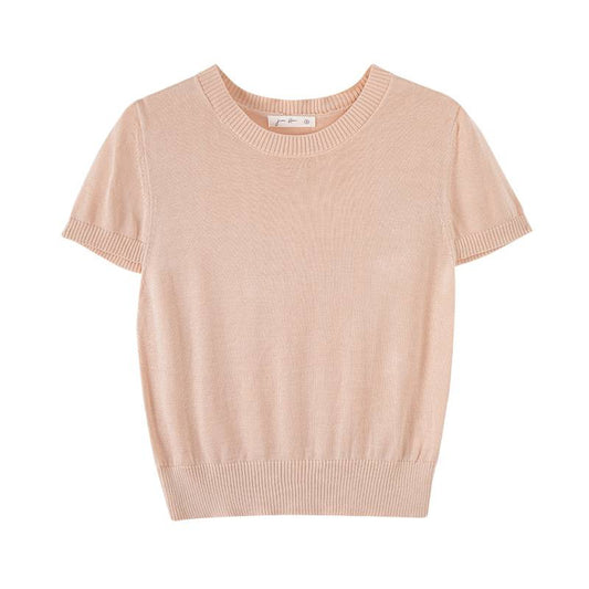 Chic and Elegant Round Neck Fitted Short Sleeve Knit Top