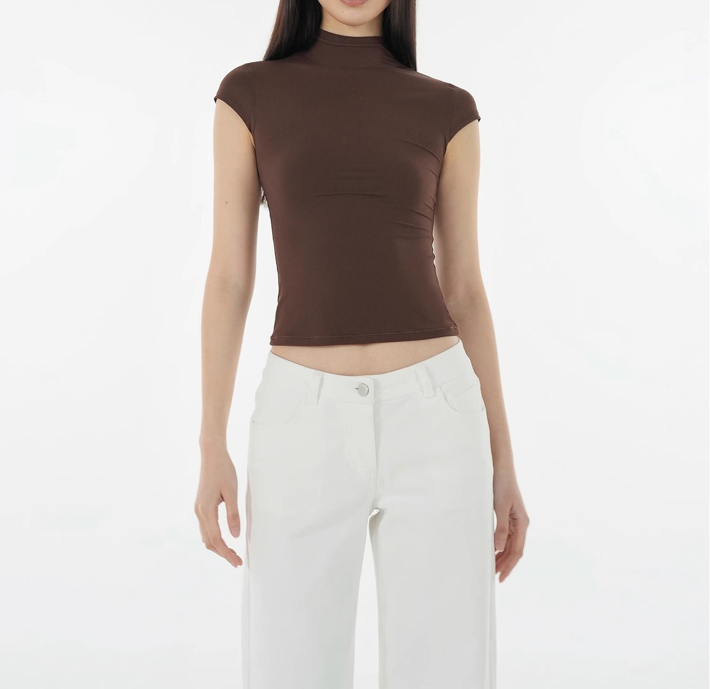 Soft High Neck Elastic Slim Fit Short Sleeve T-Shirt for Women