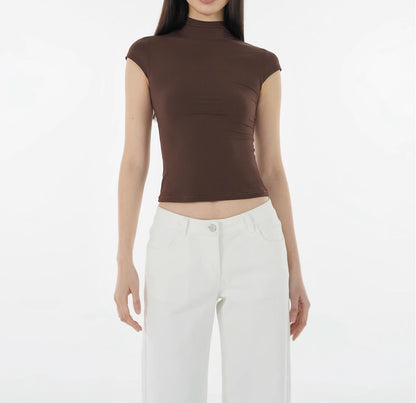Soft High Neck Elastic Slim Fit Short Sleeve T-Shirt for Women