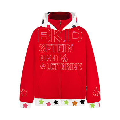 Patchwork Hooded Zip-Up Sweatshirt Loose Casual Outerwear Top