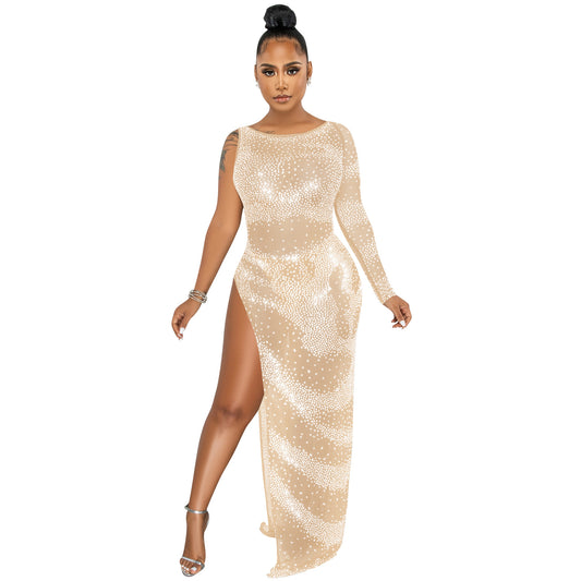 Fashion Sexy Nightclub Rhinestone Single Long Sleeve Irregular Slit Maxi Dress