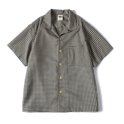 Loose Fit Men's Short Sleeve Shirt with Houndstooth Pattern and Cuban Collar