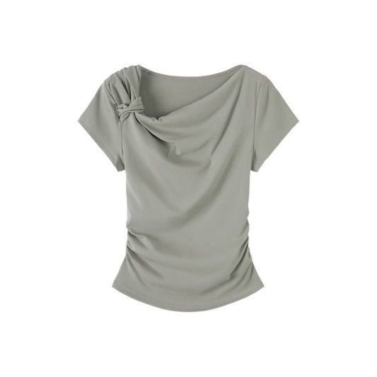 Off-Shoulder Sleeveless Fitted T-Shirt with Ruched Waist and Short Sleeves