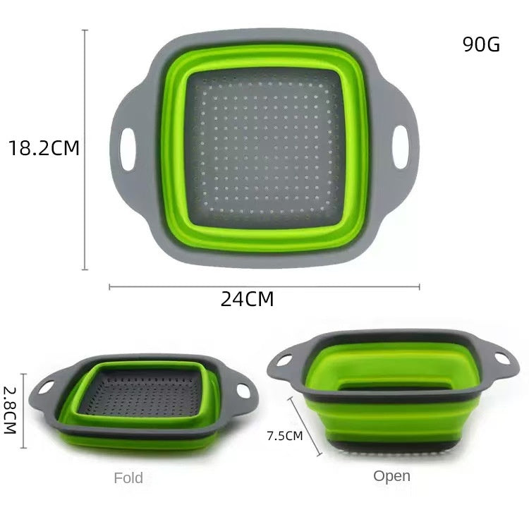 Foldable silicone vegetable storage basket with modern design and anti-slip handles, available in multiple sizes.
