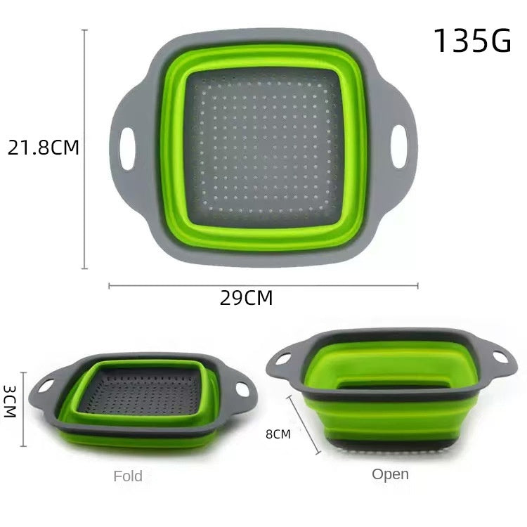 Foldable silicone vegetable storage basket with grey and green design, dimensions 29CM x 21.8CM x 3CM, modern minimalist style.