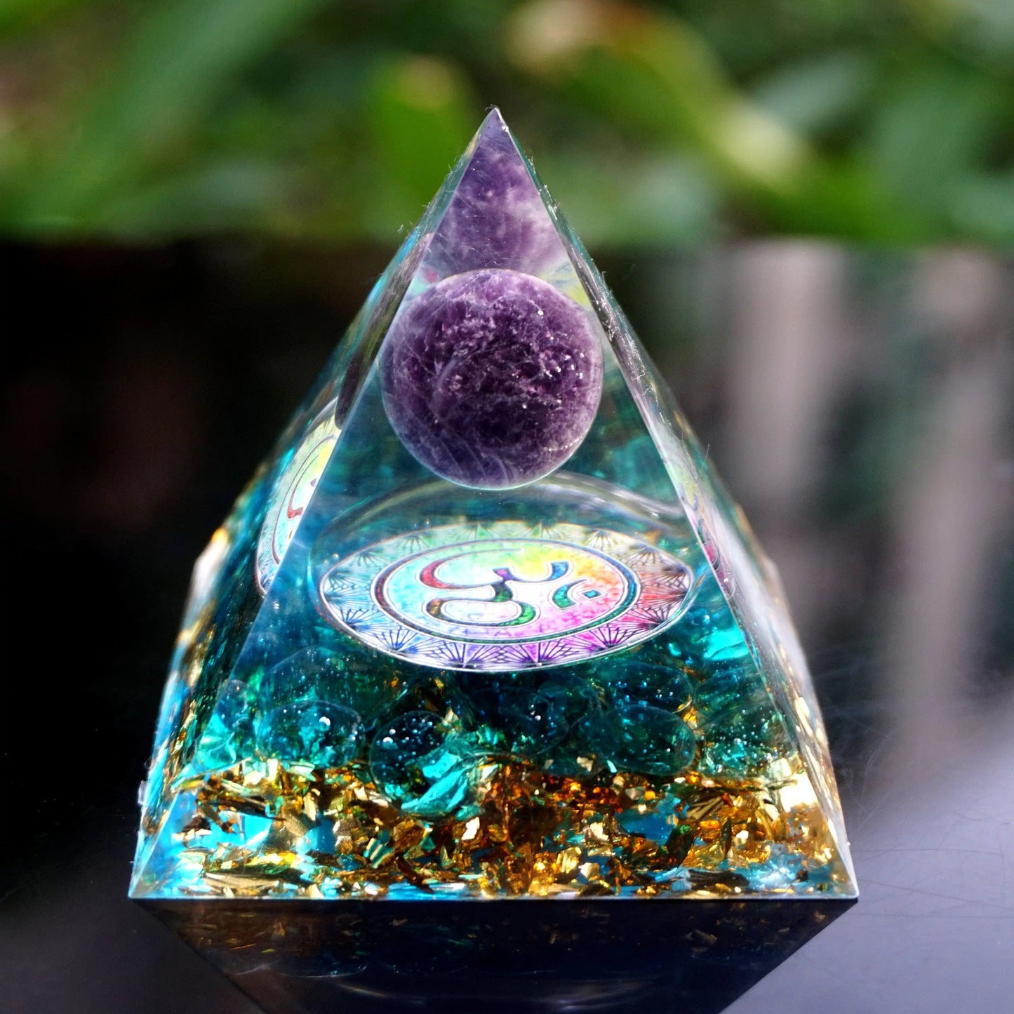 Handmade Ohm Amethyst Orgone Pyramid