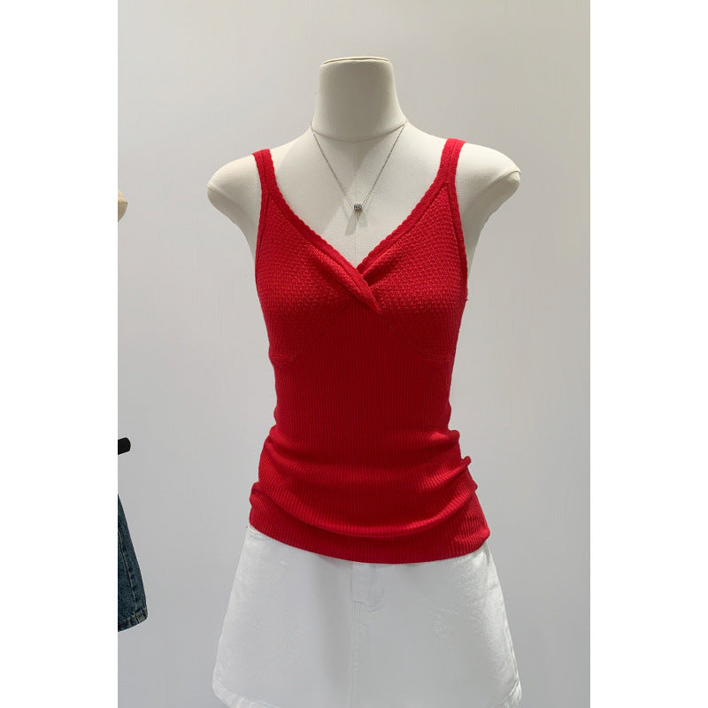 V-neck Red Inner Crop Top with Unique