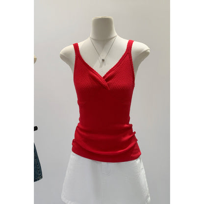 V-neck Red Inner Crop Top with Unique