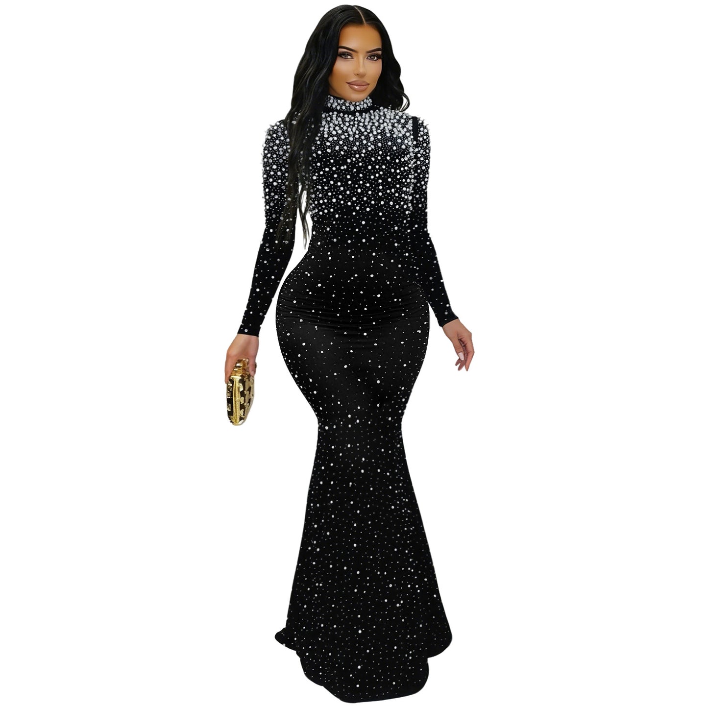 Elegant High Neck Rhinestone Beaded Bodycon Dress for Women Fashion