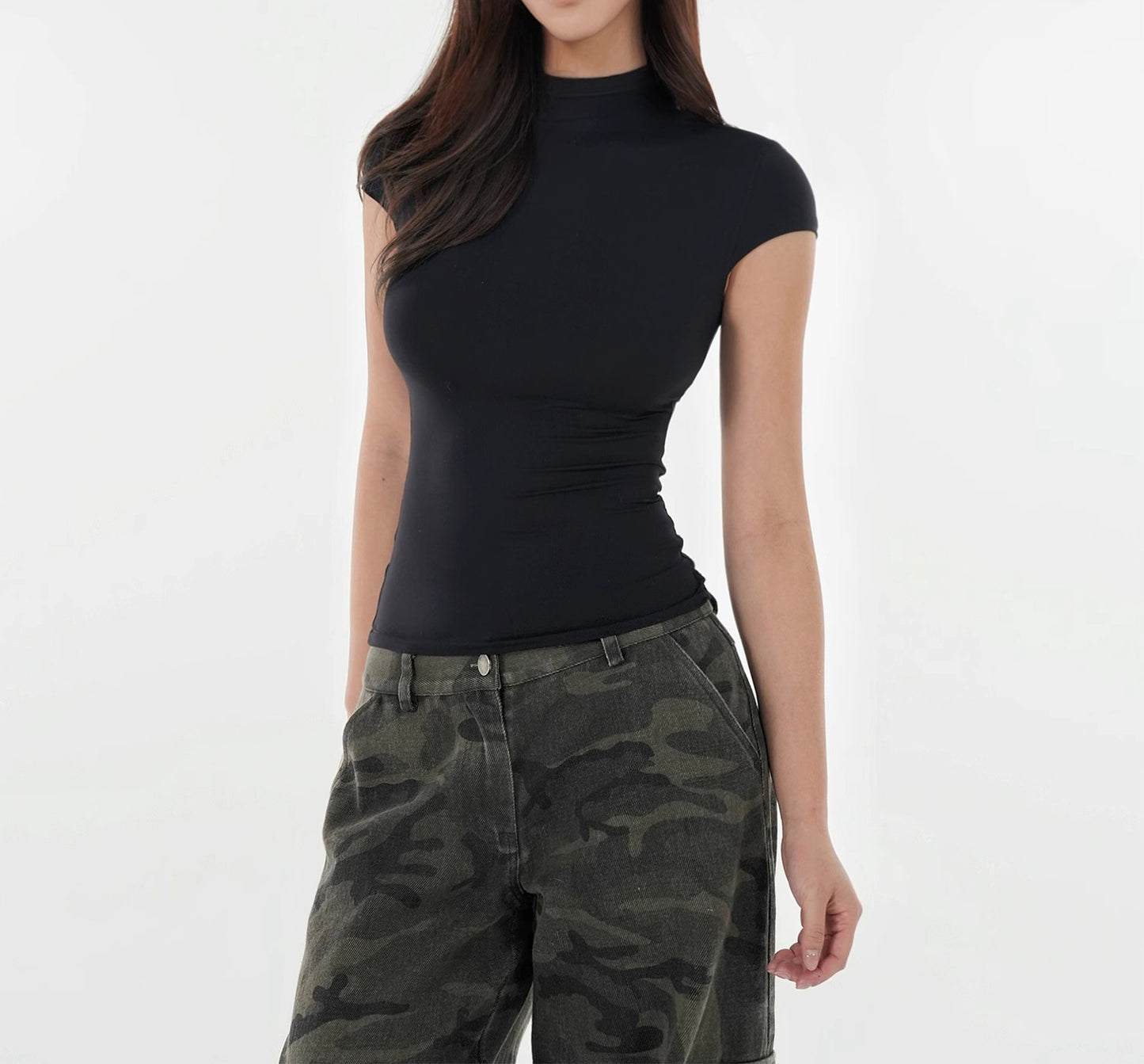 Soft High Neck Elastic Slim Fit Short Sleeve T-Shirt for Women