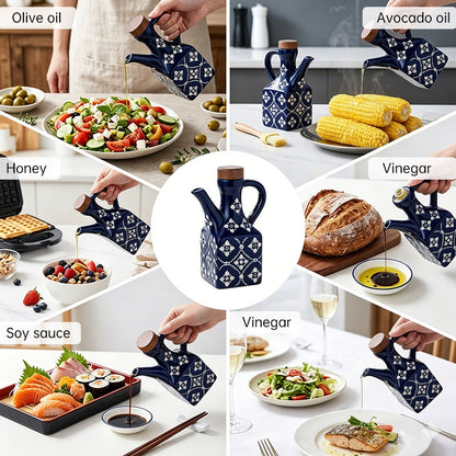 Ceramic Oil & Vinegar Cruet Set with Cork Stoppers – Kitchen Seasoning Bottles