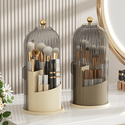 Rotating Makeup Brush Holder, Lipstick Organizer, Dust-Proof Compartmentalized Desktop Cosmetic Storage Box