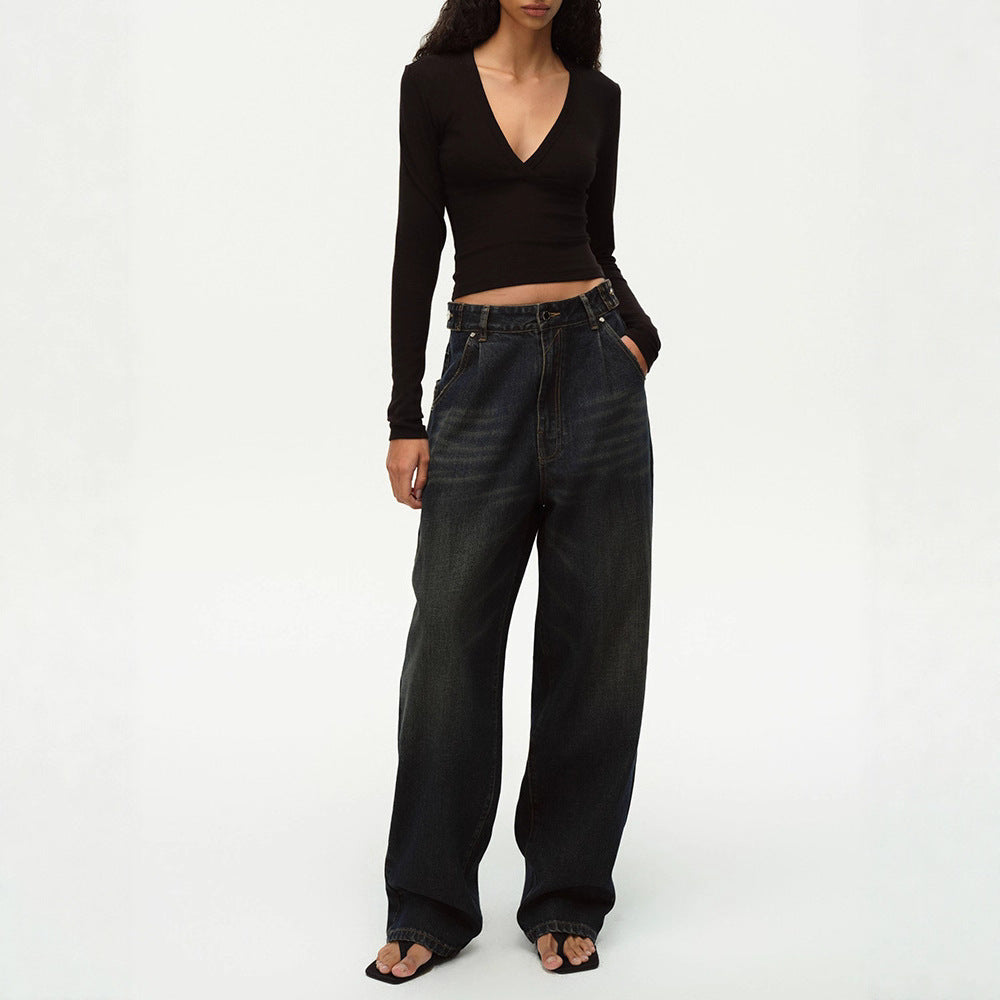 V-Neck Split Bodysuit Top, Elegant Fitted Stretch Slimming Waist T-Shirt for Women