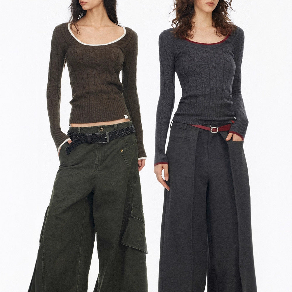 Silk-Cotton and Wool Blend Crew Neck Long Sleeve Sweater Slim Fit Knitted Top for Women