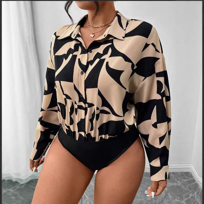 Casual Solid Color Long Sleeve Loose Shirt One-Piece Swimwear for Women