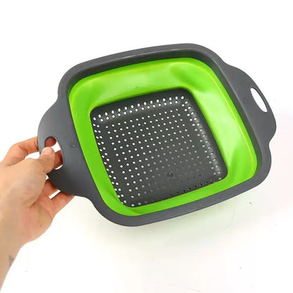 Foldable silicone vegetable storage basket designed for washing and storing vegetables, featuring a modern minimalist style.
