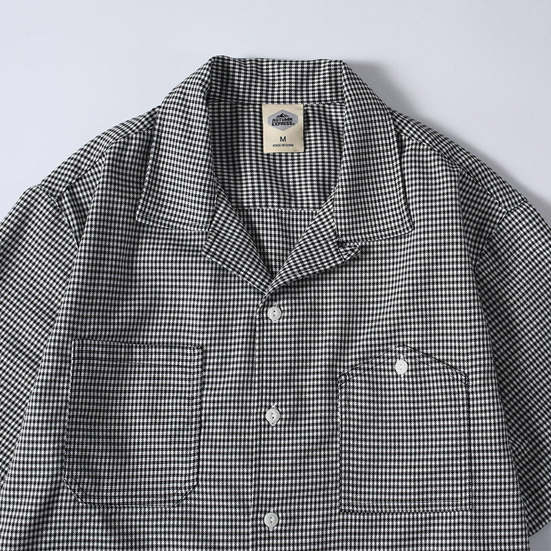 Houndstooth Pattern Short Sleeve Cuban Collar Drapey Casual Shirt