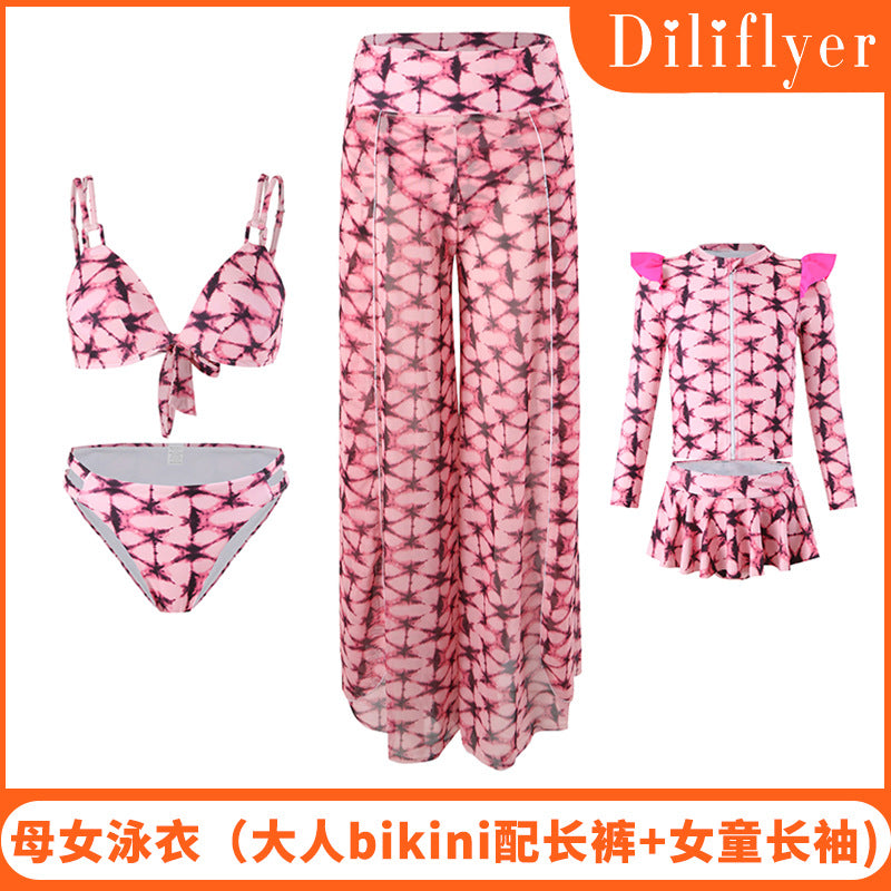 New Style Bikini Three-Piece Set Mesh Printed Long Pants Swimwear Factory Direct Wholesale