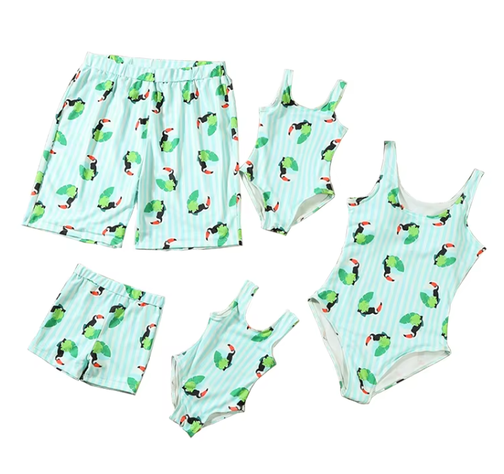 Style Printed Bikini Top with Matching Men's Beach Swim Trunks, Wholesale Bulk Supply