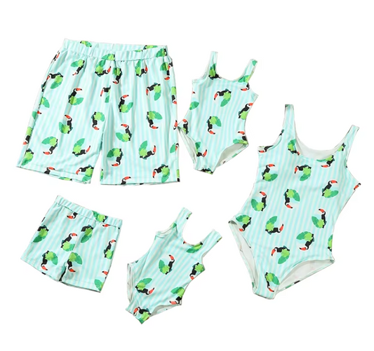 Style Printed Bikini Top with Matching Men's Beach Swim Trunks, Wholesale Bulk Supply