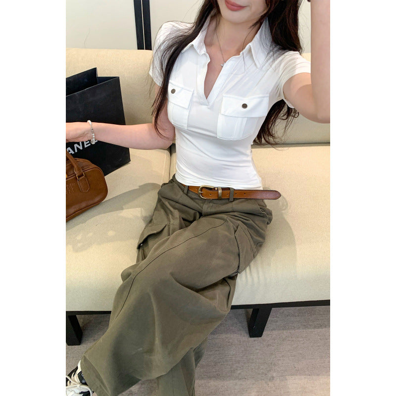 Pocket Button Design Polo Neck Short Sleeve T-Shirt Slim Fit Top