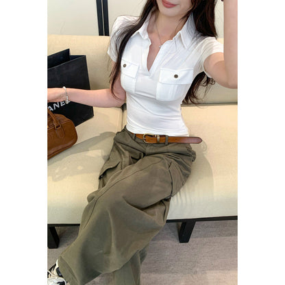 Pocket Button Design Polo Neck Short Sleeve T-Shirt Slim Fit Top