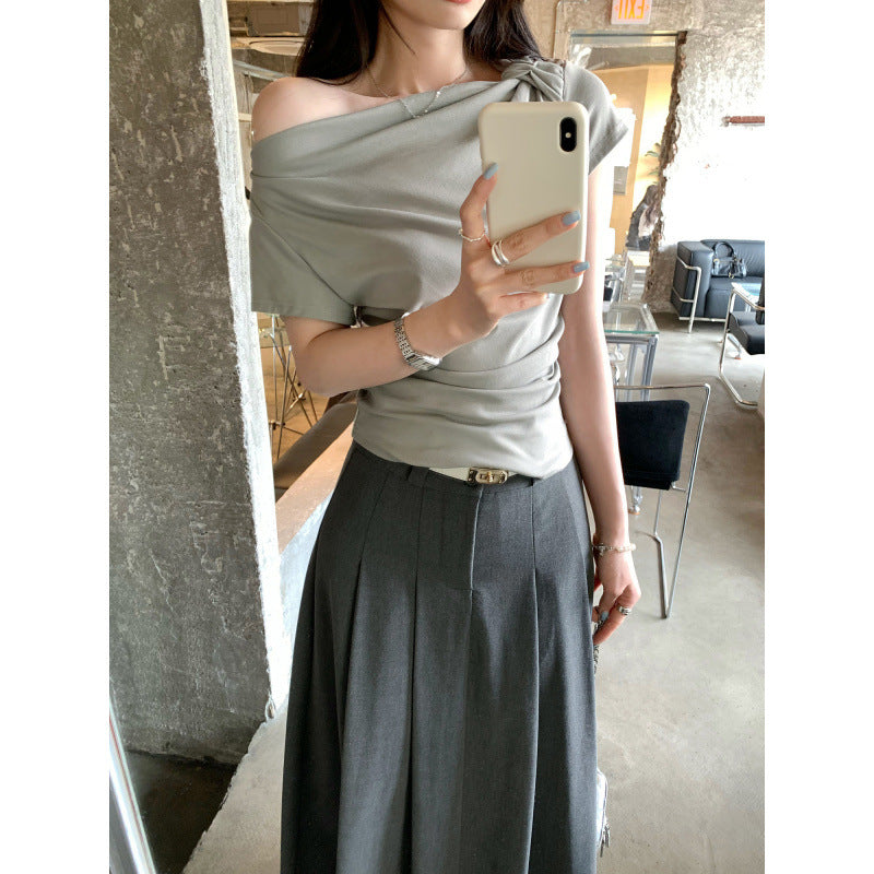 Off-Shoulder Sleeveless Fitted T-Shirt with Ruched Waist and Short Sleeves